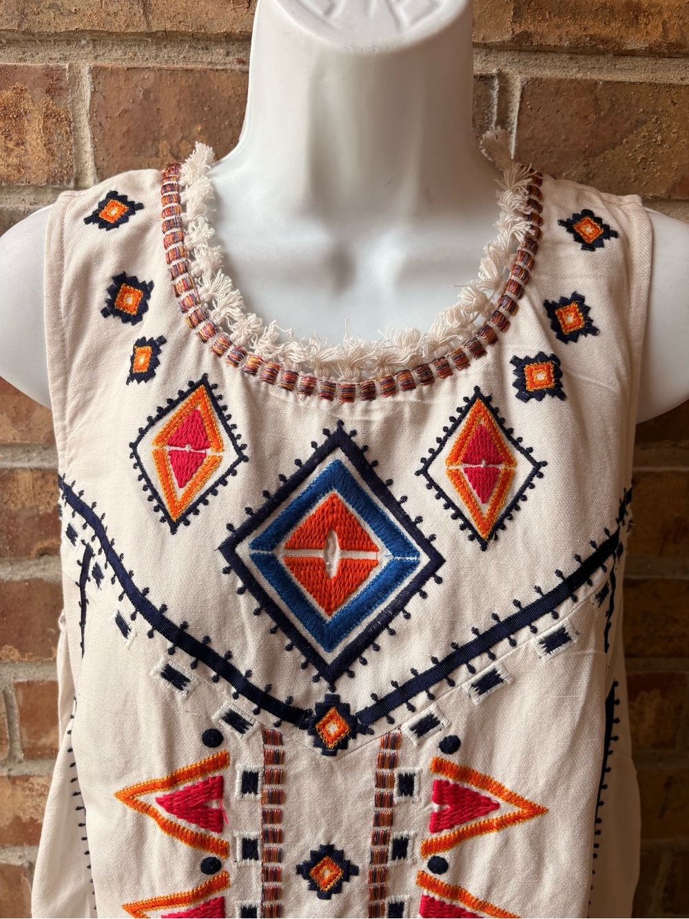 Anthropologie Cream Embroidered Tribal Shift Dress with Red & Blue Accents 12 - Picture 9 of 11